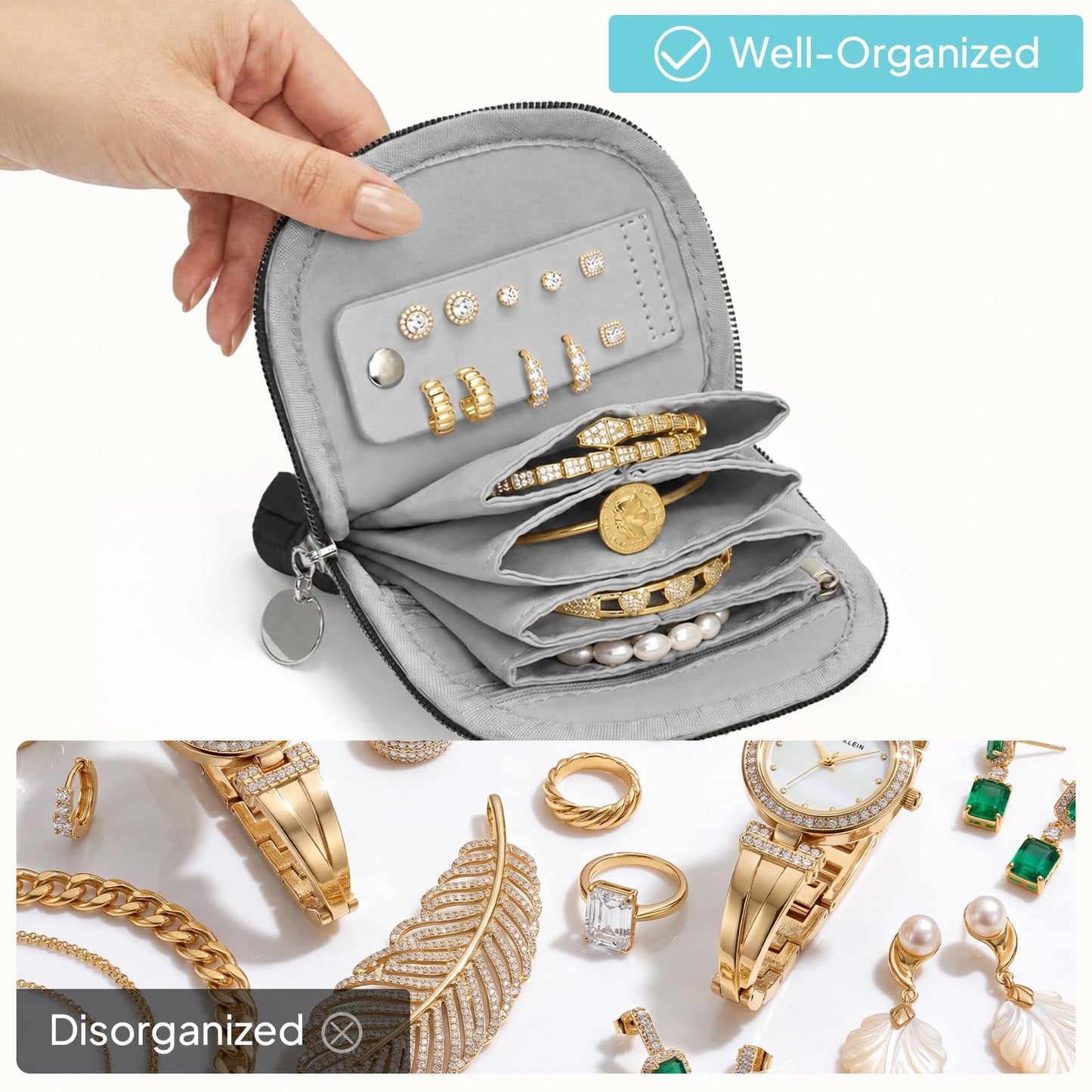 TOPEAST Quilted Travel Jewelry Case for Women, Puffer Jewelry Organizer with Zipper, Portable Small Jewelry Pounch Storage Bag for Rings Earrings Necklaces, Travel Essentials Gift for Women, Black