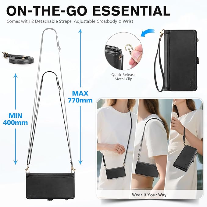 TUCCH Crossbody Detachable Wallet Case for iPhone 17 Pro Max 6.9" 2025, 10 Card Slots RFID Blocking | Wireless Charging | Wrist Strap | Lanyard | Stand | Zipper Pocket | PU Leather Phone Cover | Black