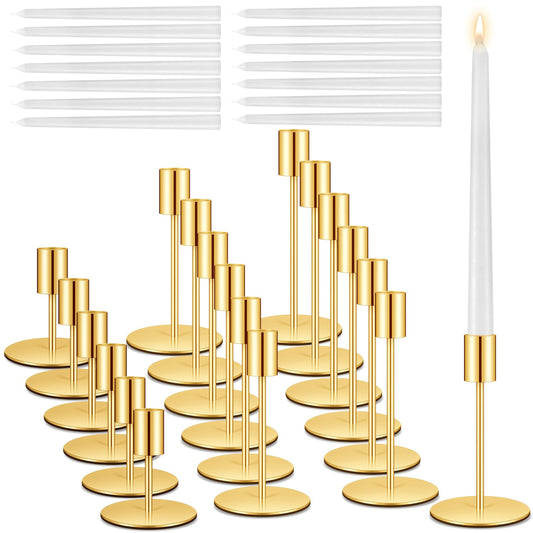 18 Set Candle Holders Bulk with 10'' Dripless Taper Candles 3.3'' 5.5'' 6.3'' Metal Candlestick Holders Vintage Modern Decorative Table Centerpiece for Wedding Birthday Home Decor (Gold)