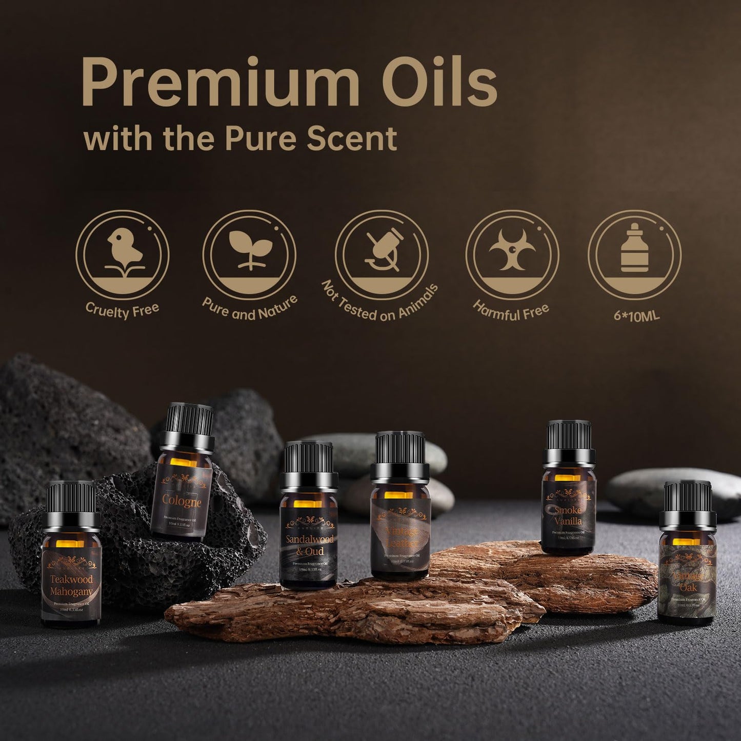 Men Essential Oils Set for Diffuser for Home, 6x10ml Masculine Fragrance Oils for Candle Making, Scented Oil Gift Set for Men, Mahogany, Sandalwood, Cologne, Smoke Vanilla, Leather
