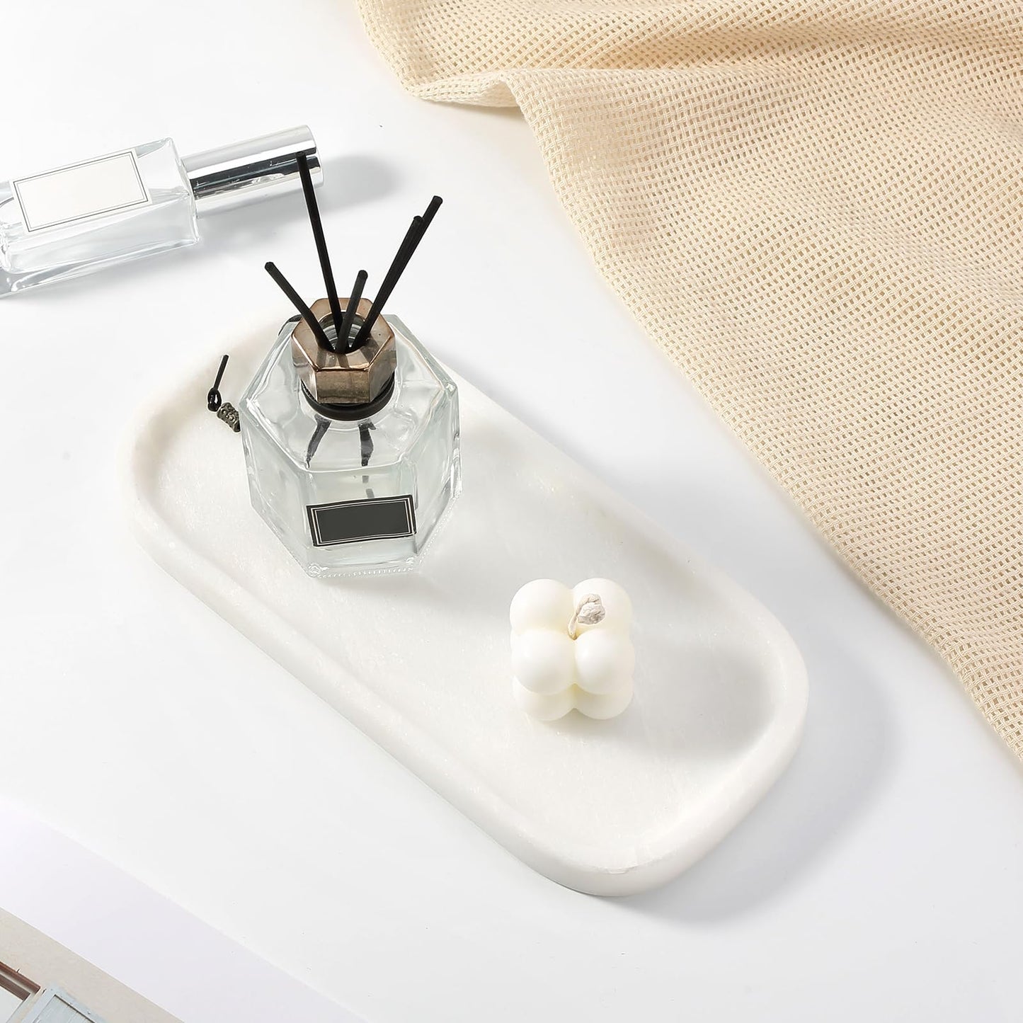 Koville Marble Tray, 10"x5" Marble Vanity Tray for Bathroom Countertop Kitchen Sink, Rectangular Stone Tray for Perfume Fragrance, Decorative Catchall Tray Jewelry Cosmetics Organizer(White)