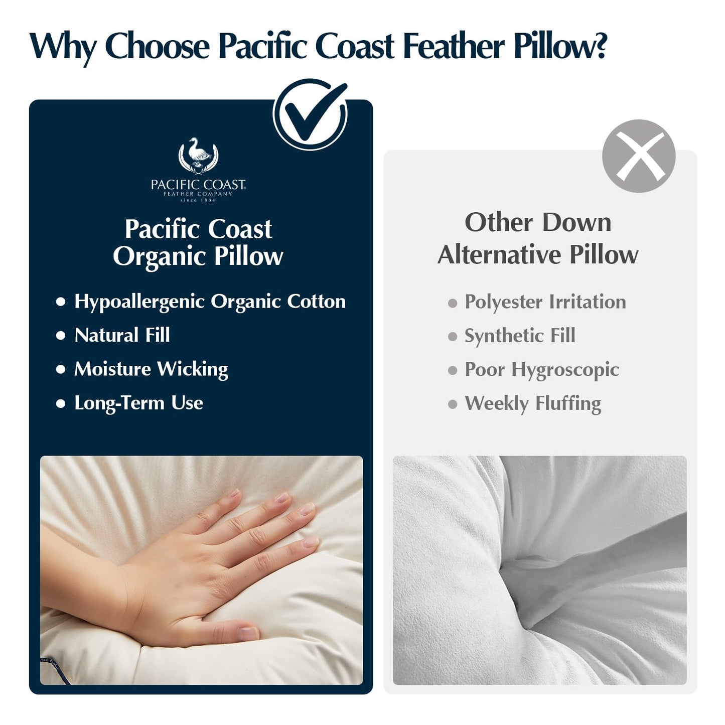 Pacific Coast Down Pillow, Luxury Hotel Collection Bed Pillow for Sleeping, Queen Size of 1, 100% Organic Cotton Shell, 650 Fill Power, Medium Pillows, Suit for Back Sleepers