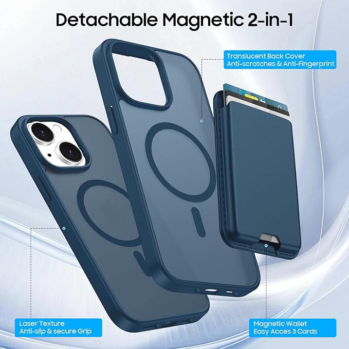 Ntwinro Magnetic for iPhone 15 Case (Compatible with MagSafe) with Detachable Wallet & Card Holder for 3 Cards [RFID Blocking] Military Grade Protective Slim Phone Cover, Deep Blue