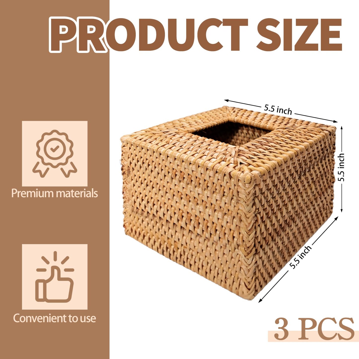 LECEHIVO 3 Pcs Square Rattan Tissue Box Cover Decorative Hand Wicker Woven Tissue Box Holder 5.5'' x 5.5'' x 5.5'' Boho Natural Tissue Cube Napkin Holder for Bathroom, Office, Car Accessories (Wood