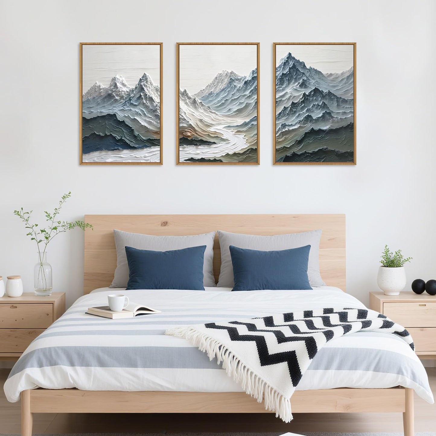 DRACIT Large Snow Mountain River Framed Canvas Wall Art Set,Modern Abstract Nature Landscape Wall Decor,Neutral Blue and White Ridge Scenery Artwork for Living Room,Bedroom,Office-16 x24 x3