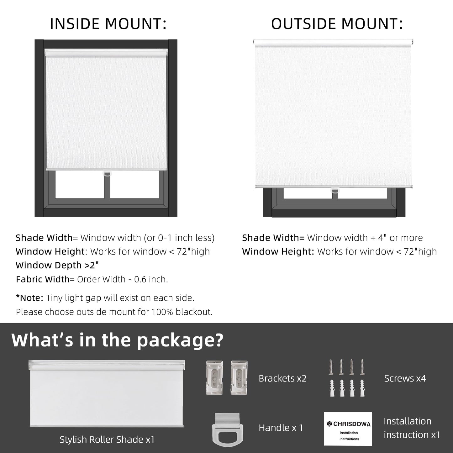 ChrisDowa Cordless Free-Stop 100% Blackout Blinds for Windows, Roller Windows Shades with Thermal Insulated, UV Protection Fabric for Living Room, Office and Home.White,40" W X 72" H