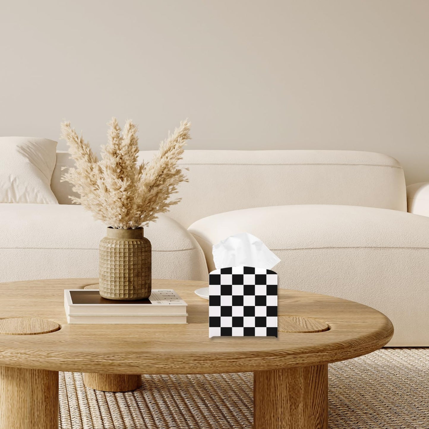 Black and White Checkerboard Tissue Box Holder, Modern Leather Tissue Box Cover Square, Waterproof Facial Paper Organizer Dispenser for Home Bathroom Bedroom Night Stand Office Countertop -024