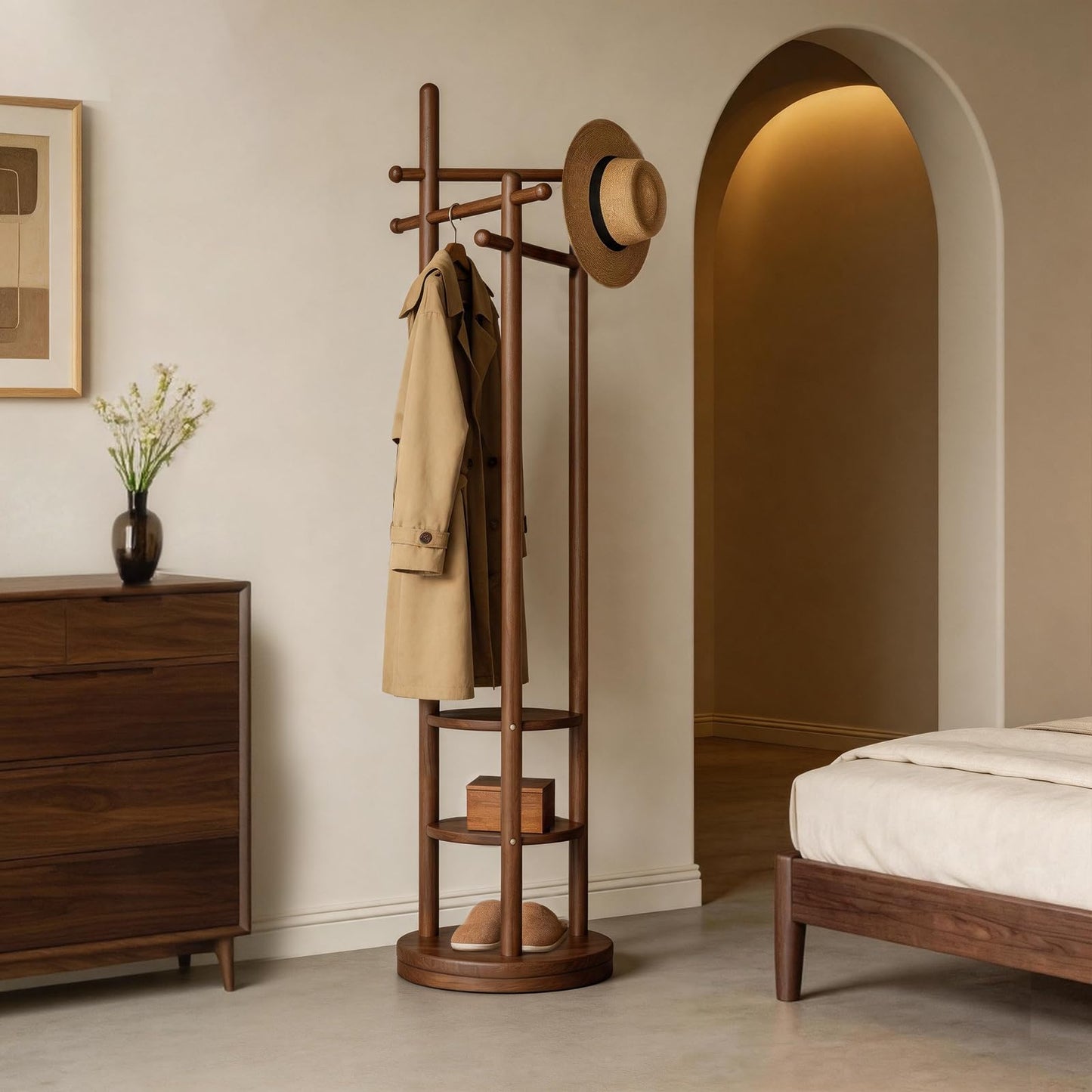 Vcalnil Coat Rack Freestanding, Solid Wood Coat Tree with 6 Hooks and 3 Storage Shelves for Bedroom, Entryway Living Room, Office, Corner Hanger Stand for Purse, Bag, Jacket, Hat