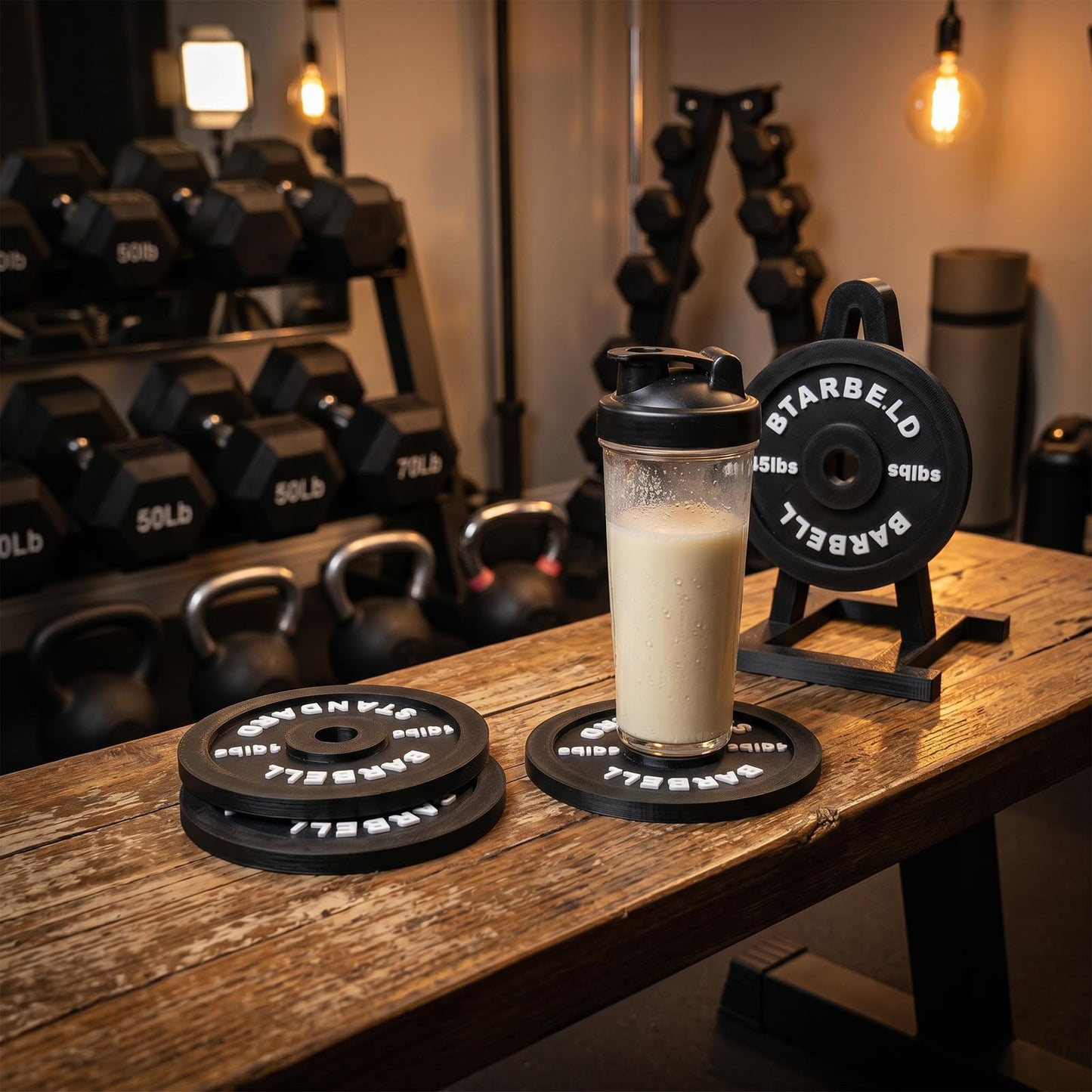 Weight Plate Coaster Set with Rack, 4 Pack Barbell Bumper Plate Drink Coasters, Durable Non-Slip Drink Mats, Unique Gym Gifts, Home Gym Decor & Workout Accessories