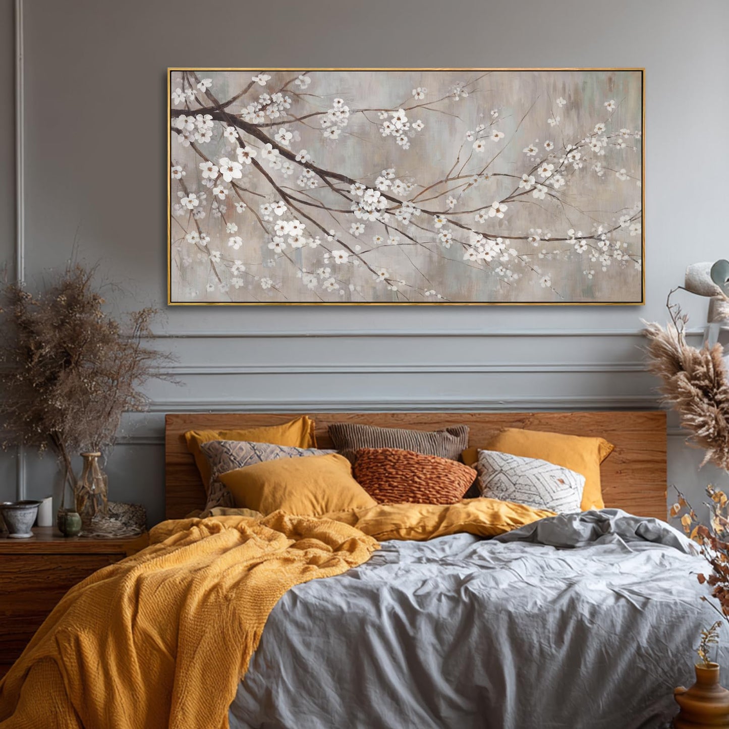 Flowers Wall Art Grey Pictures Wall Painting Large Framed Canvas Art Landscape Artwork for Dining Room Home 29"x 58" Ready to Hang