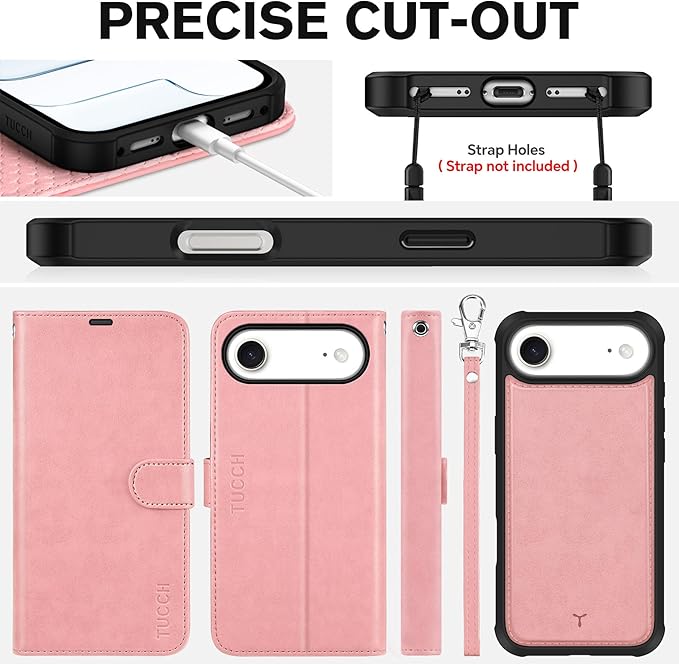 TUCCH 2-in-1 Detachable Wallet Case for iPhone Air (6.5-inch) 2025, RFID Blocking 4 Card Slots, Wireless Charging, Wrist Strap, Kickstand, Magnetic, PU Leather, Protective Flip Cover, Rose Gold