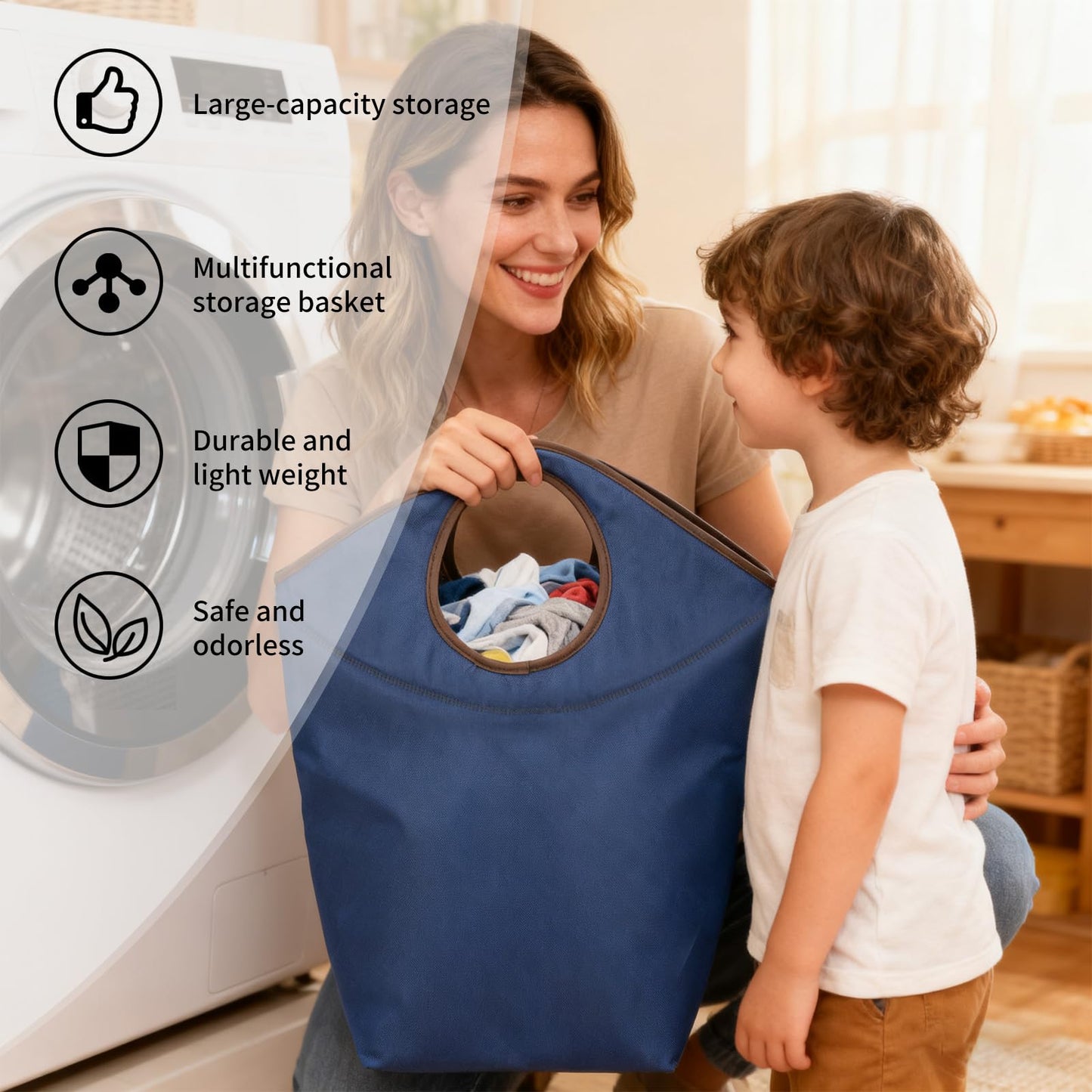 Portable Foldable Laundry Hamper with Soft Handle, 47L Collapsible Fabric Laundry Basket, Waterproof Storage Tote for Seniors, Dorm, Camping, Hanging