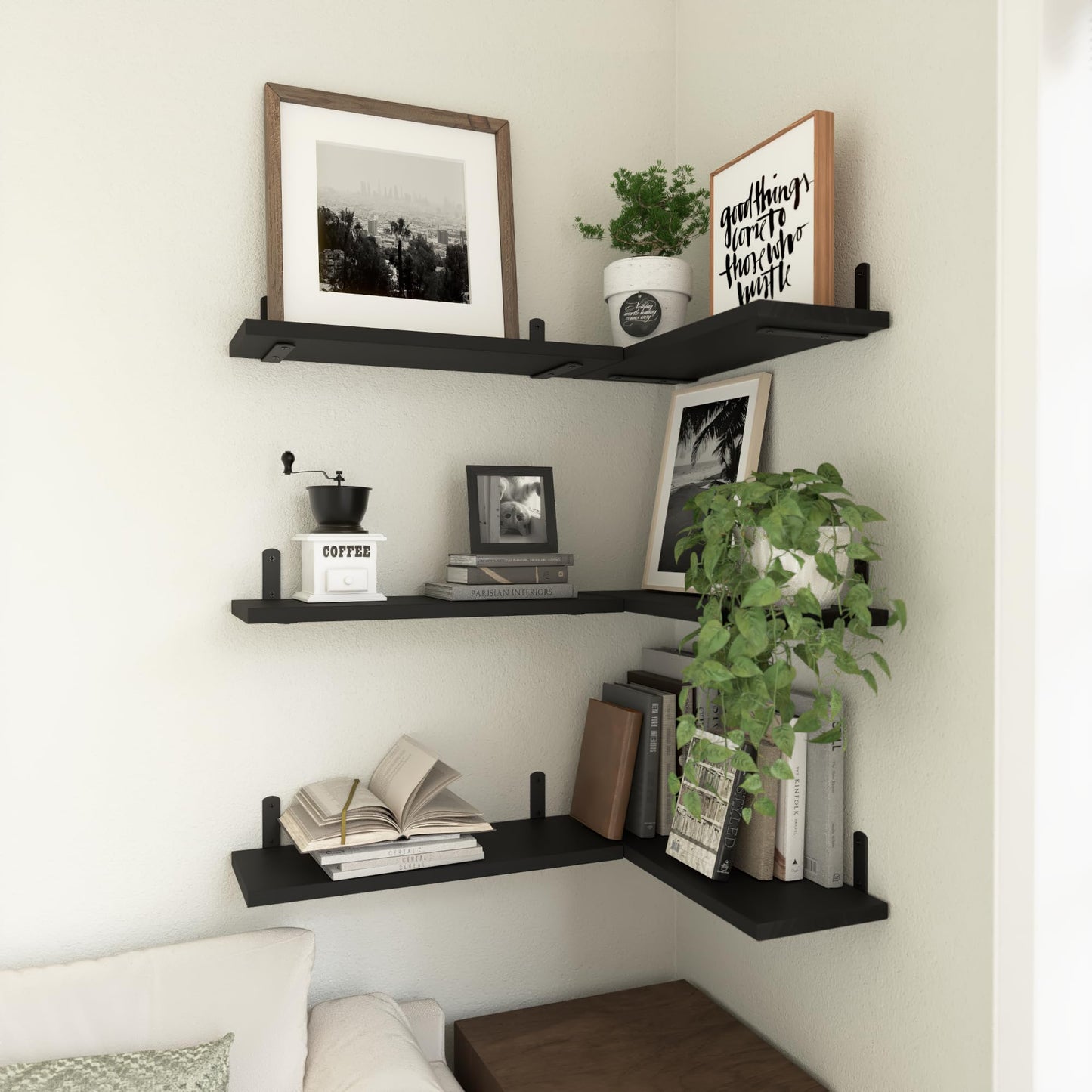 WOPITUES Wood Floating Shelves Set of 6, Shelves for Wall Decor, Farmhouse Shelf for Bedroom, Bathroom Storage Shelves, Book Shelves for Living Room-Black