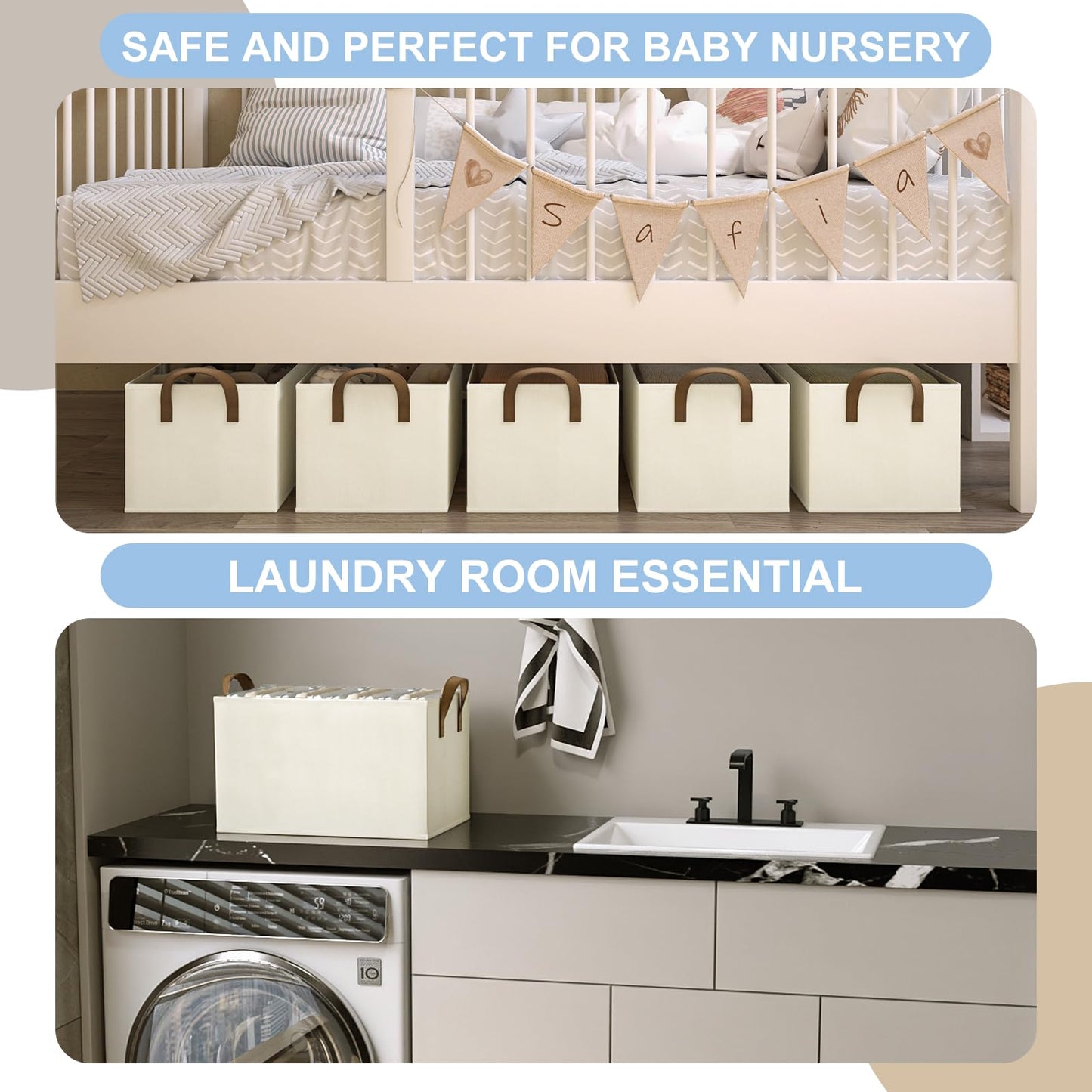 Closet Storage Bins, Fabric Closet Organizers and Storage Basket for Shelves, Collapsible Shelf Baskets for Organizing Shelves, Bedroom Clothes Basket, Beige, 3 Pack