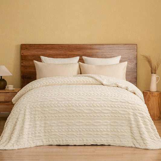 PHF Ultra Soft Sherpa Fleece Blanket Queen Size 90" x 90", 510GSM Fleece Lightweight Yet Warm Blanket for Winter Bed, No Shedding, No Pilling, Tufted Jacquard for Luxury Home Decor, Natural Cream