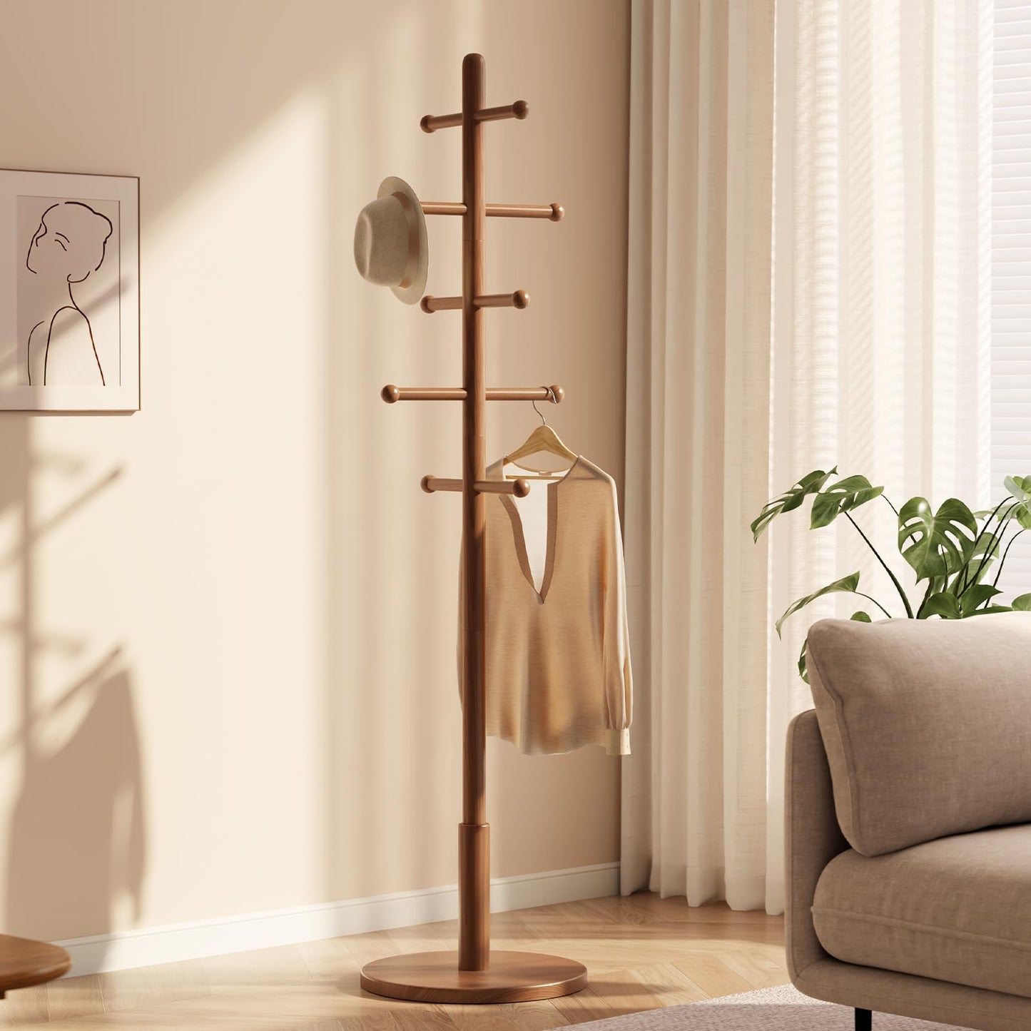 DONGMUWUJEE Solid Wood Coat Rack Freestanding with 10 Hooks, Coat tree freestanding 3 Adjustable Heights for coat, Hats, Handbags, Coat Stand for Entryway,Bedroom,office, Walnut