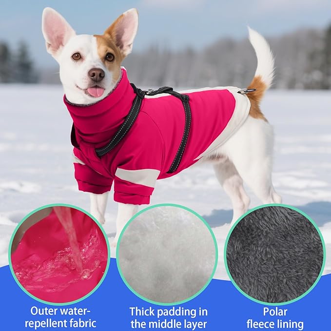 MIGOHI Reflective Dog Winter Coat,Warm Dog Jacket with Harness,Fleece Jacket for Large Dogs,Waterproof Pet Puffer Jacket Snowsuit,Windproof Pet Clothes for Cold Weather,Australian Shepherd,XL,Rosered