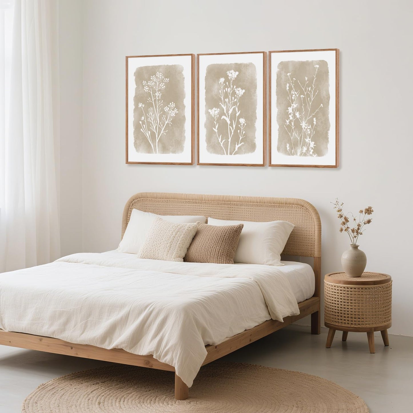 CHDITB Neutral Botanical Wall Art Set of 3, 24"x36" Large Framed Boho Farmhouse Flower Wall Decor, Modern Minimalist Floral Wall Painting, Begie Wildflower Canvas Art Prints for Living Room, Bedroom
