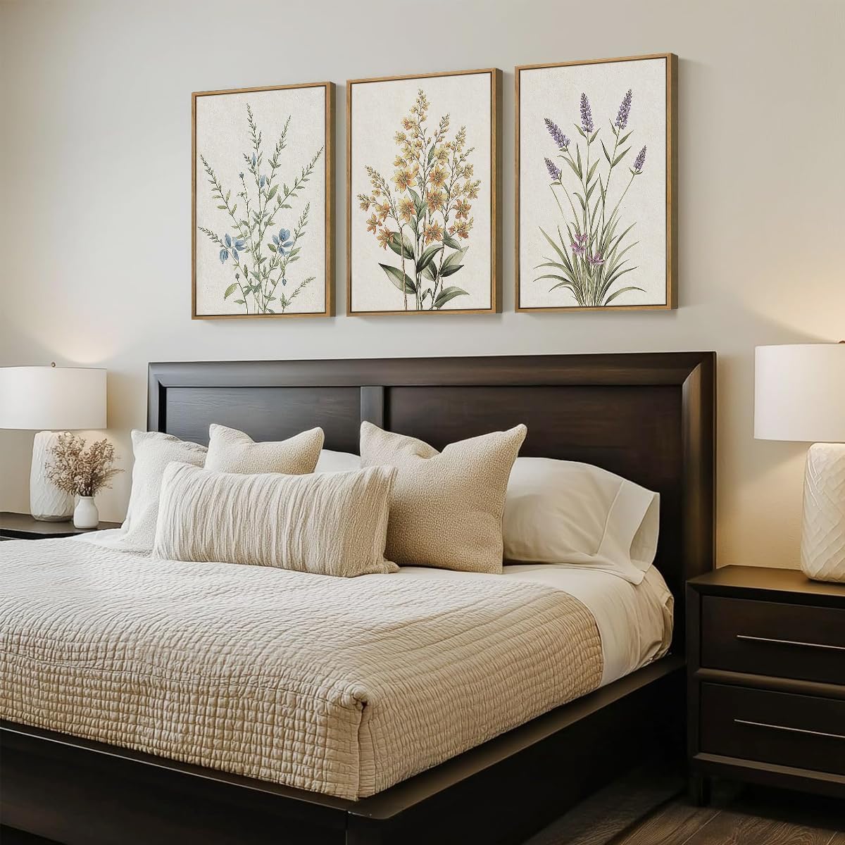 Anyzal Botanical Floral Framed Wall Art Large 16x24 Inch Modern Neutral Wildflower Canvas Art Prints Beige Cream Flower Wall Decor for Living Room Bedroom Dining Room Set of 3