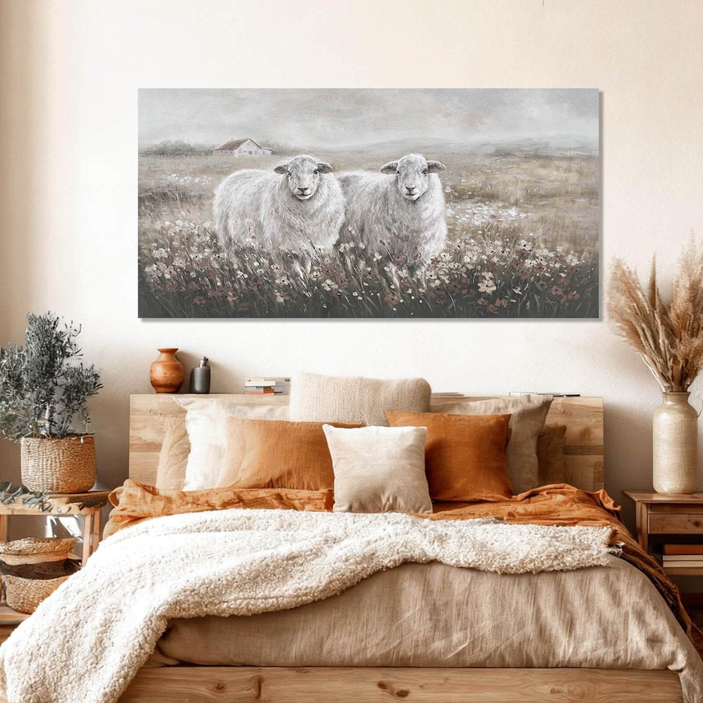 YETHEN WAL Large Sheep Pair Wall Art, Wildflower Field Landscape Canvas Print, Rustic Modern Farmhouse Wall Decor for Living Room Dining Room, Above Sofa, 24x48 Inch