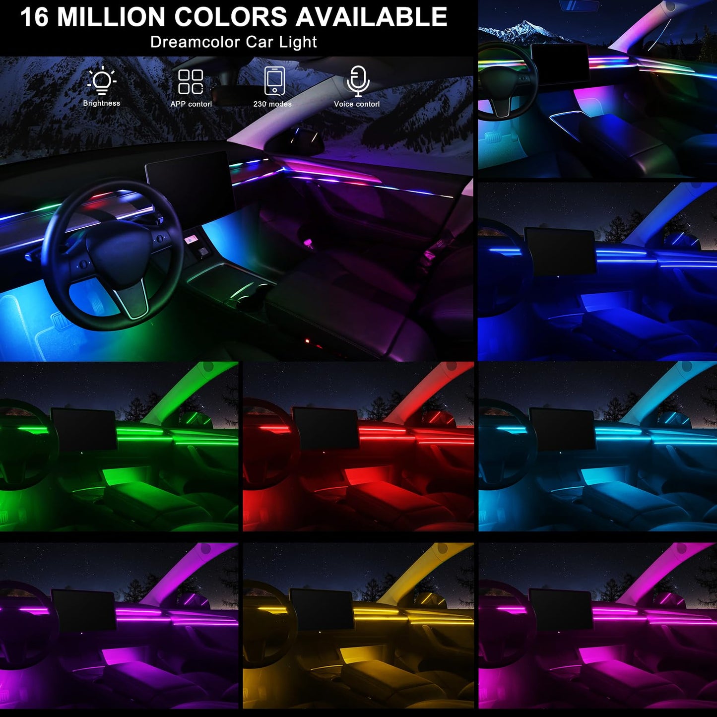 Dreamcolor Acrylic Interior Car LED Strip Light with Wireless APP, RGB 10 in 1 with 175 inches 593 Neon Car Ambient Lighting Kits, Dynamic Chasing Music Sync LEDs Fiber Optic Strip Lights for Car