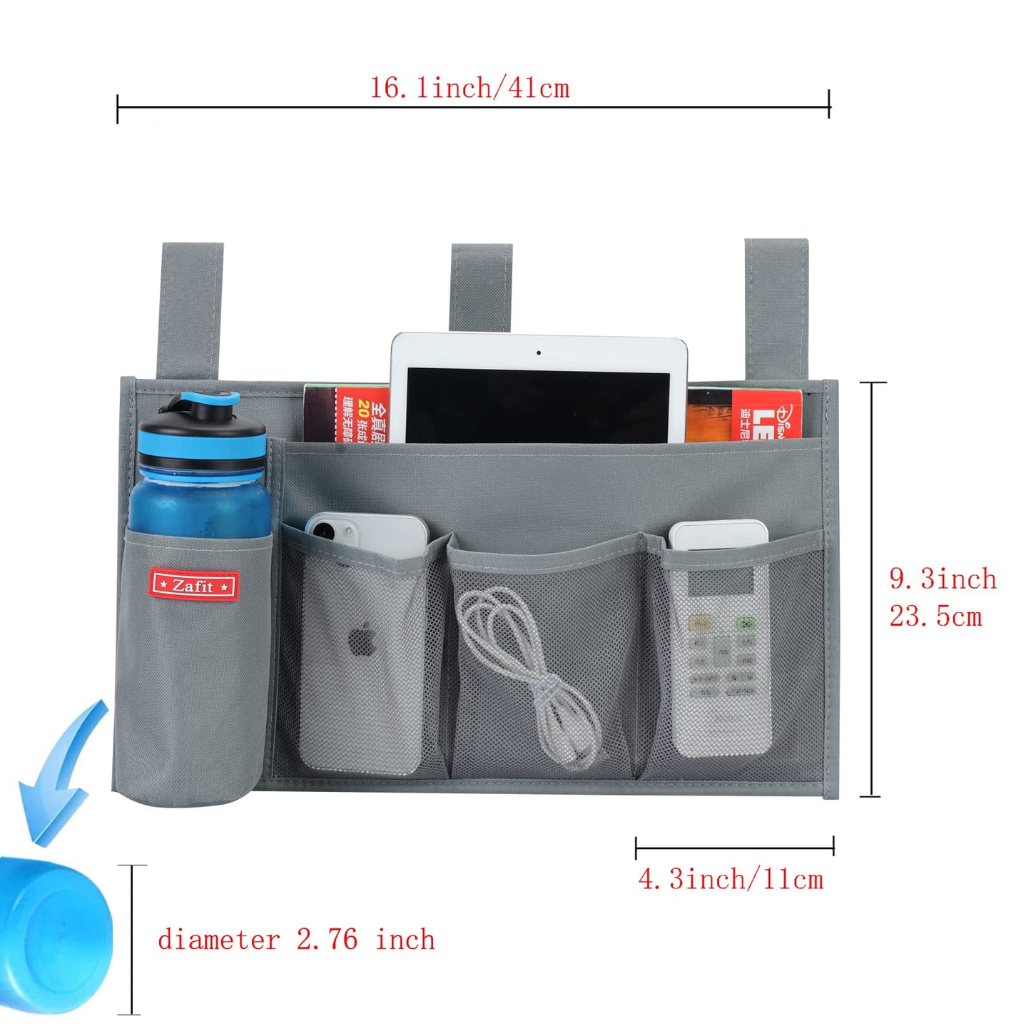 Zafit Hanging Bedside Caddy, Bedside Storage Organizer for Magazine, Phone, Remote control (5 Pockets-Grey)