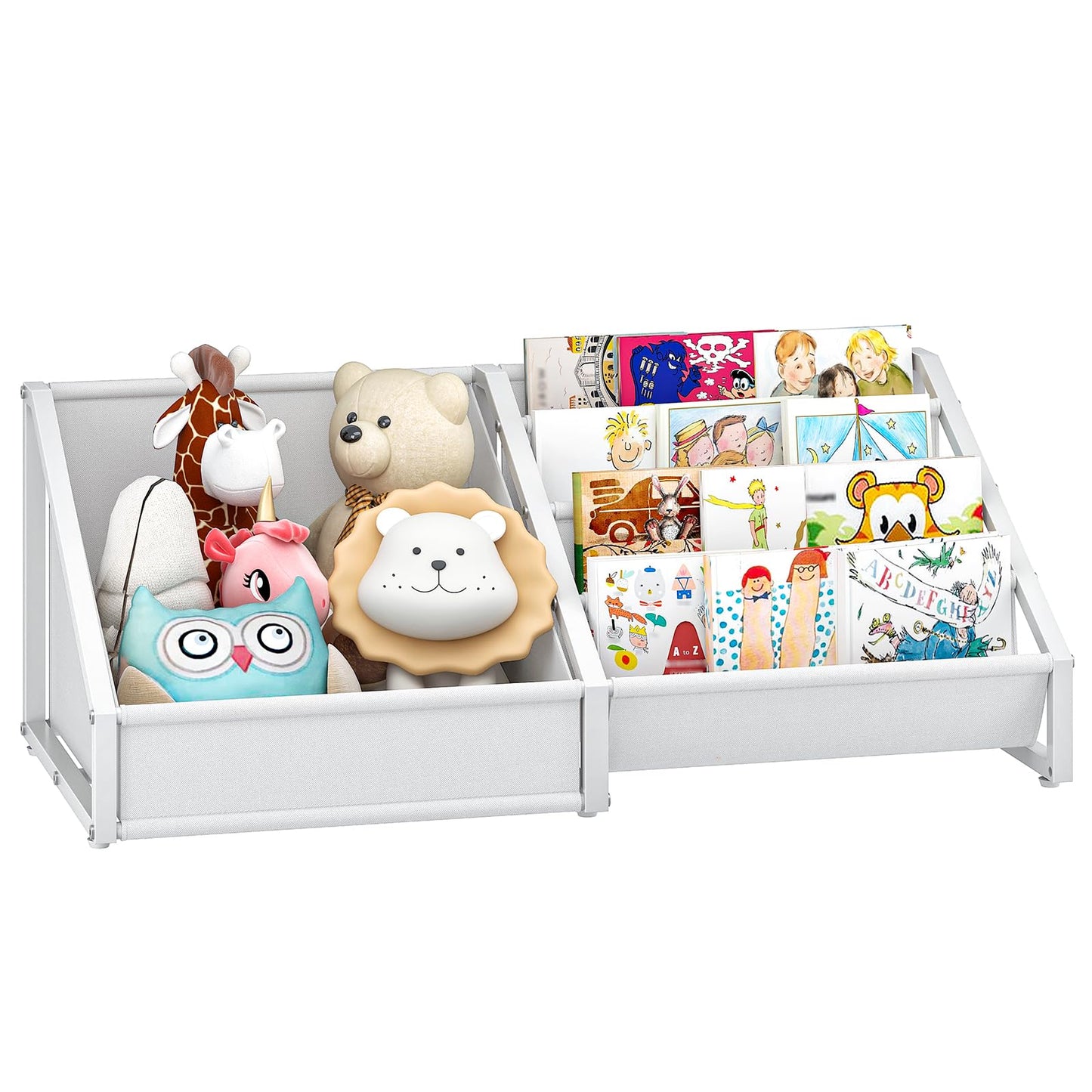 CHOEZON Kids Bookshelf with Toy Storage & 4-Tier Oxford Fabric Book Rack Organizer, Toddler Bookcase for Nursery, Bedroom, Playroom, Child's Room, White TCW18WB