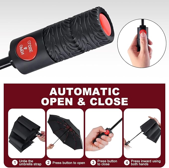 Lejorain Collapsible Umbrella Compact Travel - Portable Black Double Canopy Automatic Windproof Umbrella Folding Striking Red Reinforced Fiberglass Frame