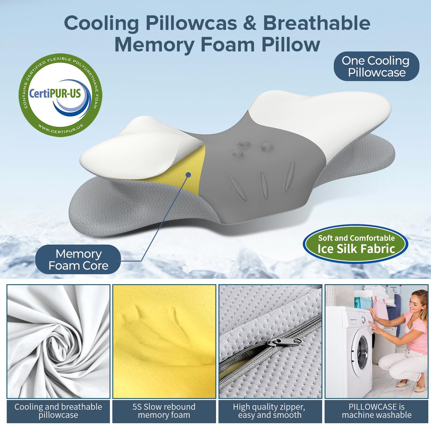 beslovo Cervical Neck Pillow for Pain Relief, Ergonomic Side Sleeper Pillow, Orthopedic Neck Support Contour Memory Foam Pillow for Side Back Stomach Sleepers, Ideal for Office Travel (Grey&White)