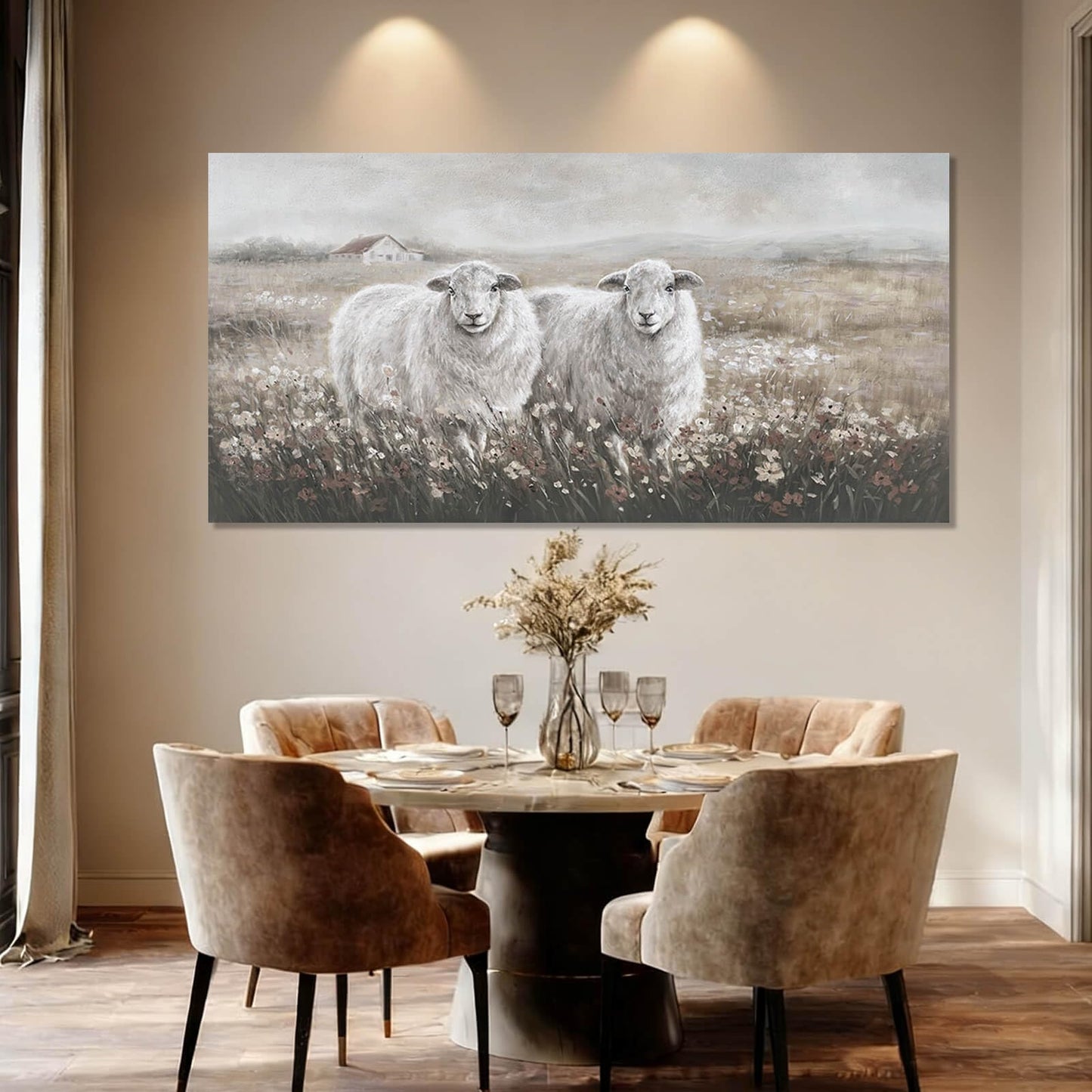 YETHEN WAL Large Sheep Pair Wall Art, Wildflower Field Landscape Canvas Print, Rustic Modern Farmhouse Wall Decor for Living Room Dining Room, Above Sofa, 24x48 Inch