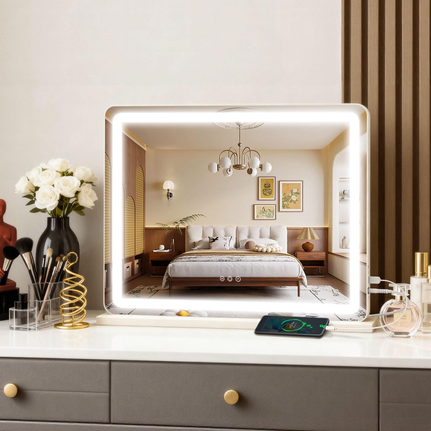 ROLOVE 23"x 18" Large Vanity Mirror with Lights, LED Makeup Mirror for Dresser and Desk, 10X Magnification, Dimmable Touch Control, Wall Mounted or Tabletop Mirror for Bedroom (White)