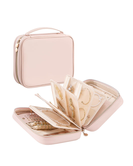 Lolalet Travel Jewelry Notebook Organizer Case, Large Jewelry Binder Book with Individual Pouches, Portable Leather Zippered Bag for Storage of Earring, Ring & Necklace, Gift for Women -Apricotpink