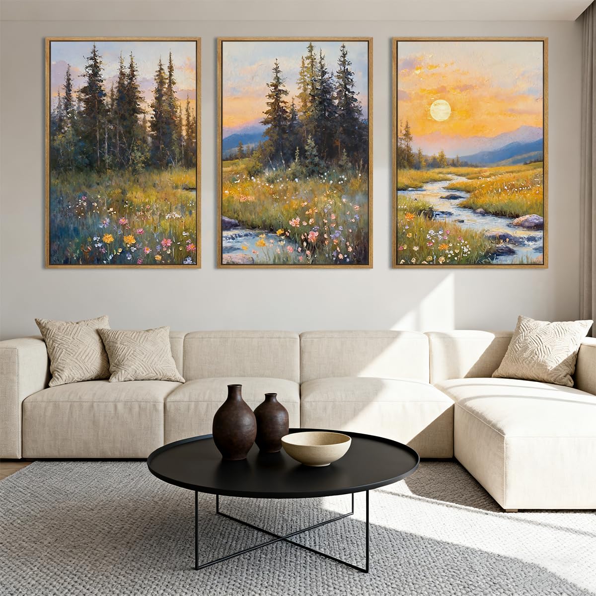IARTTOP Large Mountain Wall Art Framed 16x24 Inch Abstract Forest Landscape Canvas Wall Decor Nature Scenery Wildflower Botanical Artwork for Living Room Bedroom Set of 3