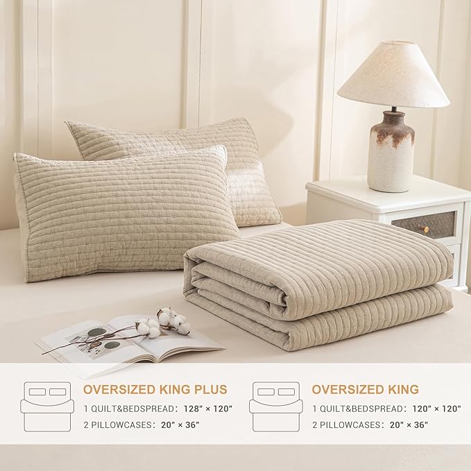 Sanracie Stonewashed Oversized King Quilt(120"x120"), Cotton Dark Wheat Color Cross Stitch Pattern California King Quilt Set 3Pcs Ultra Soft Lightweight Crinkle Bed Coverlet Set for All Season