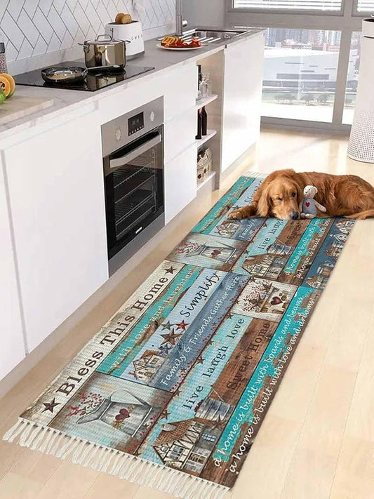 Turquoise Blue Brown Hallway Runner Rug 2X6 Ft Kitchen Carpet, Washable Woven Vintage Barn Rustic Cabin Throw Carpet with Tassel, Non-Shedding Country Star Farm Wooden Plank Bedroom Laundry Rugs