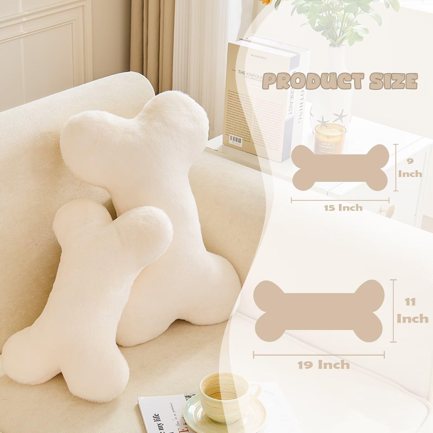 XVTRU Bone Pillow Cute Decorative Throw Pillow Bone Shaped Pillows for Aesthetic Home Decorative Cushion Pet Plush Pillow for Bed Sofa Couch (Ivory, 15 Inch)
