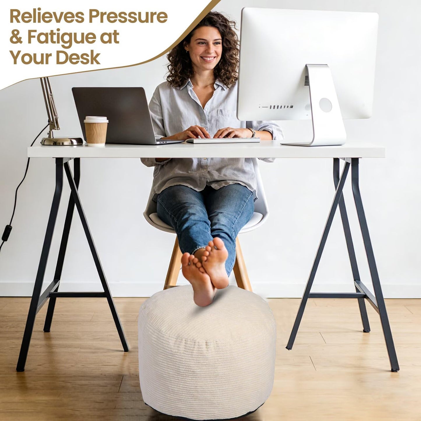 VBGYA Round Pouf Ottoman Foot Rest with Foam Chunk Filling, Corduroy Ottomans for Living Room Floor Poufs (20"x15",Beige)