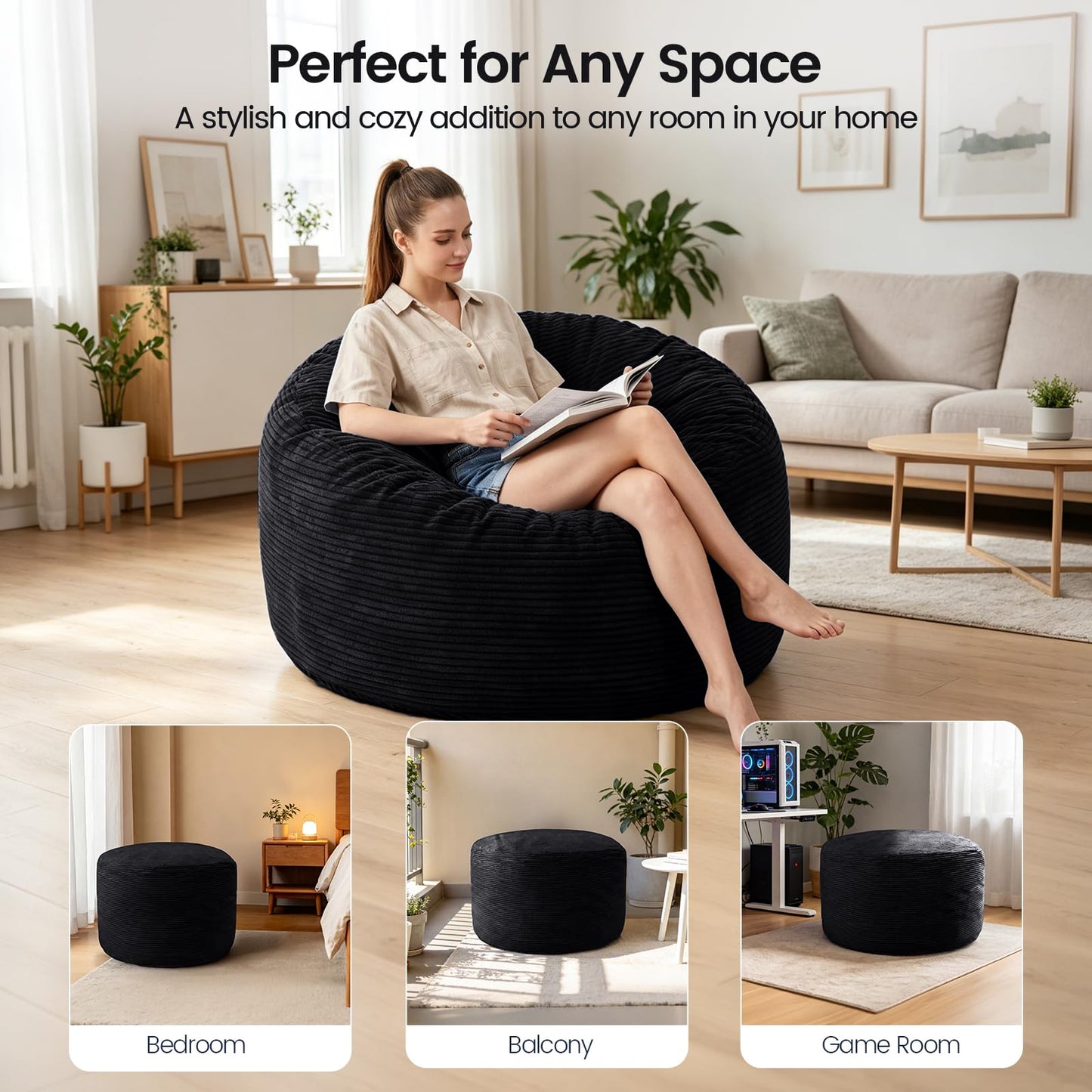 Yagamo Large Bean Bag Chairs for Adults, 4FT Memory Foam Bean Bag, Bean Bag Chairs with Removable Striped Plush Cover, Cozy Beanbags for Living Room Bedroom Dorm and Office- Black