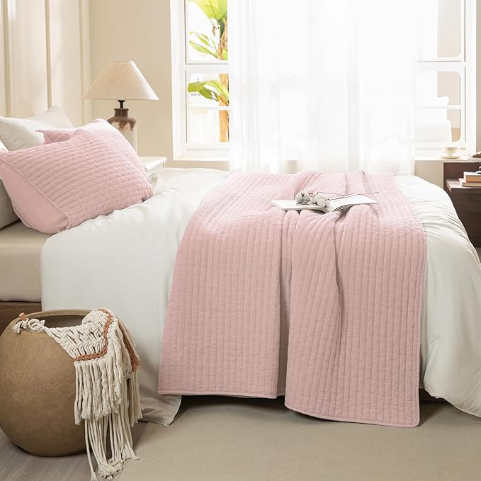 Sanracie Stonewashed Cotton Coverlet Oversized King(120"x120"), Light Pink Cross Stitch Pattern California King Quilt Sets 3Pcs Ultra Soft Lightweight Crinkle Bed Coverlet Set for All Season