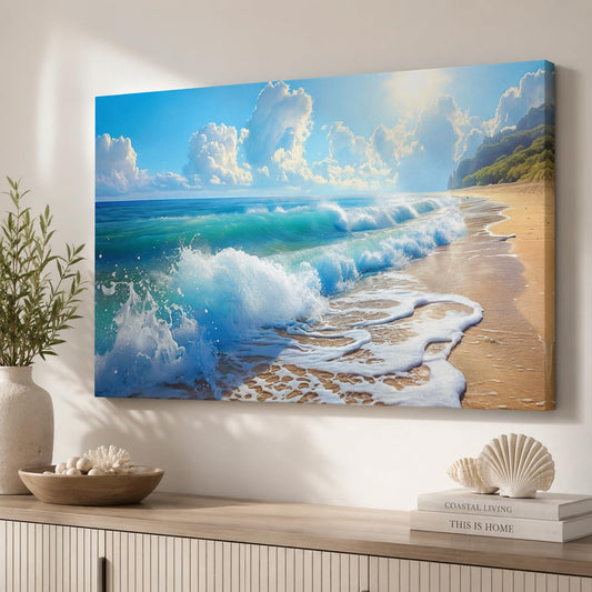 Bathroom Decor Wall Art, Blue Beach Picture Ocean Theme Canvas Prints Wall Art, Modern Coastal Seascape Painting Framed Seaside Artwork, Sunny Beach Ocean Landscape for Home Bedroom Office 12x18 Inch