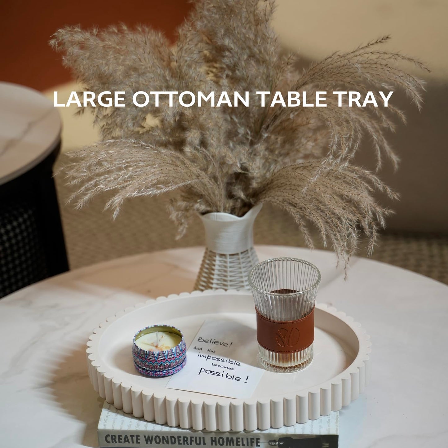 Coffee Table Tray, Large 13"×9.5" Oval Fluted Concrete Tray, Cream Decorative Serving Tray, Home Décor Accent for Ottoman, Kitchen Island & Dining Table Centerpiece