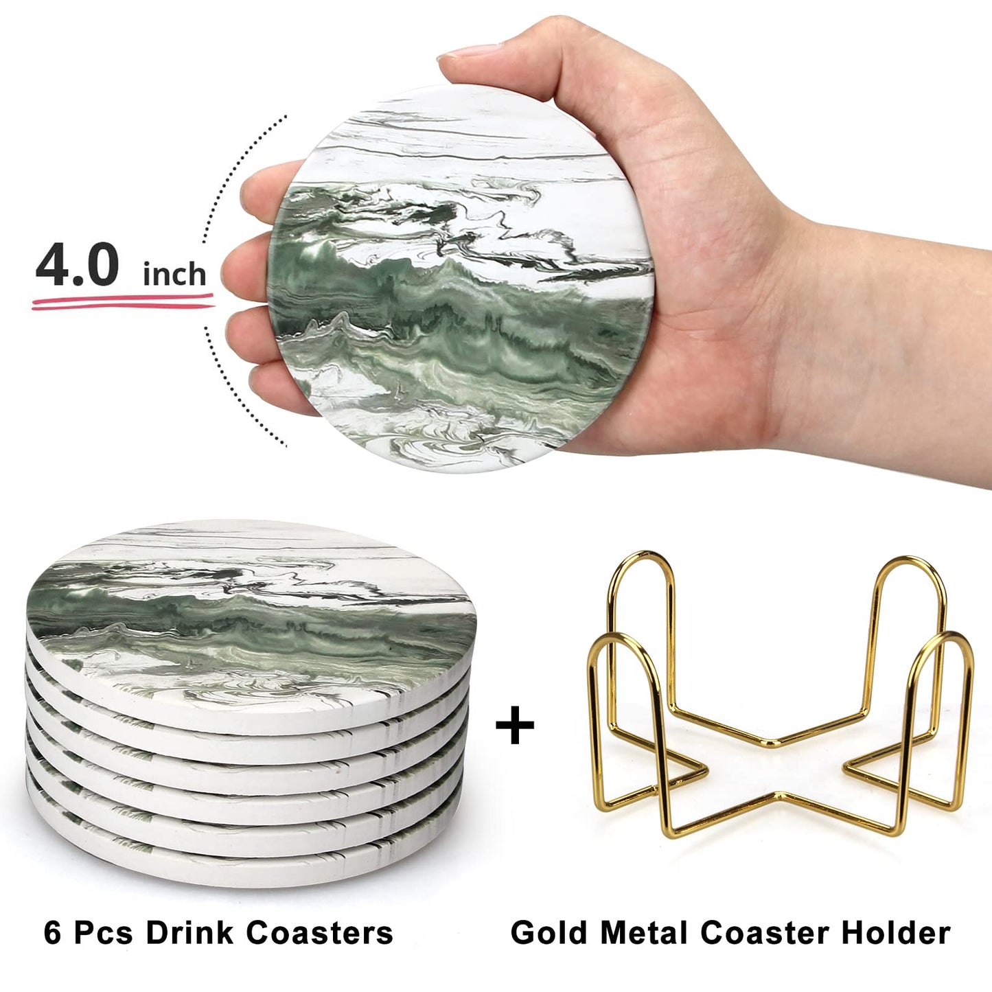 6 Pcs Green Ceramic Coasters with Holder Round Cool Drink Best Modern Absorbent Coaster Set for Coffee Table, Art Decorative Coasters, Bar, Farmhouse, Outdoor Cup Coaster Gifts