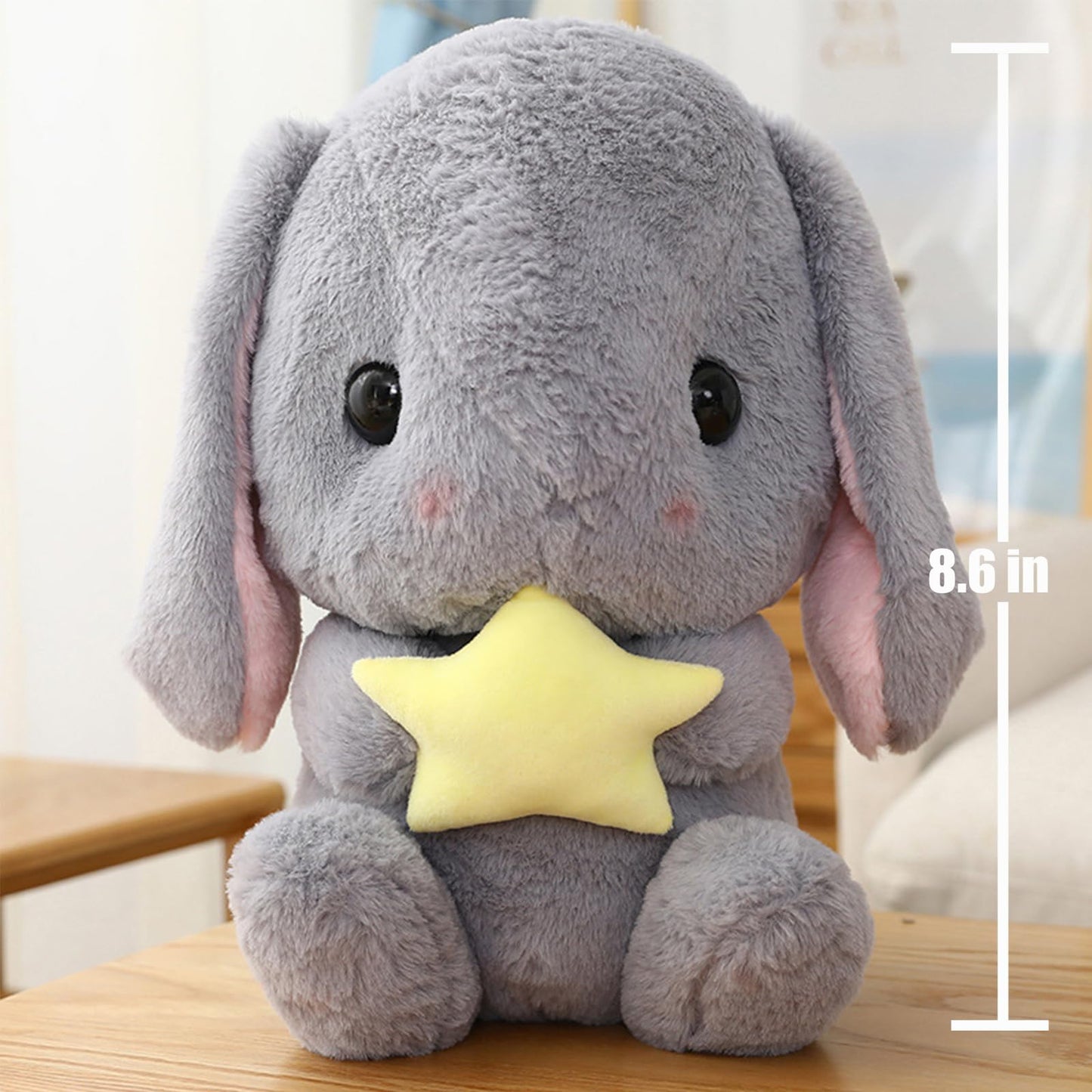HOUPU Soft Toy - Sitting Lop Eared Rabbit, Easter White Rabbit Stuffed Bunny Animal with Carrot Soft Lovely Realistic Long-Eared Standing Pink Plush Toys (Gray-Star,8.6in/22cm)