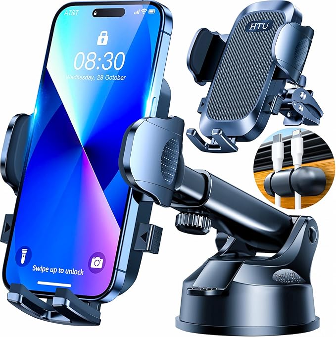 HTU 2026 Upgraded [True Military-Grade] Car Phone Holder【Safety Certs & No Smell】 Cell Phone Holder for Car Mount for Dashboard Windshield Air Vent Long Arm Thick Case,Black