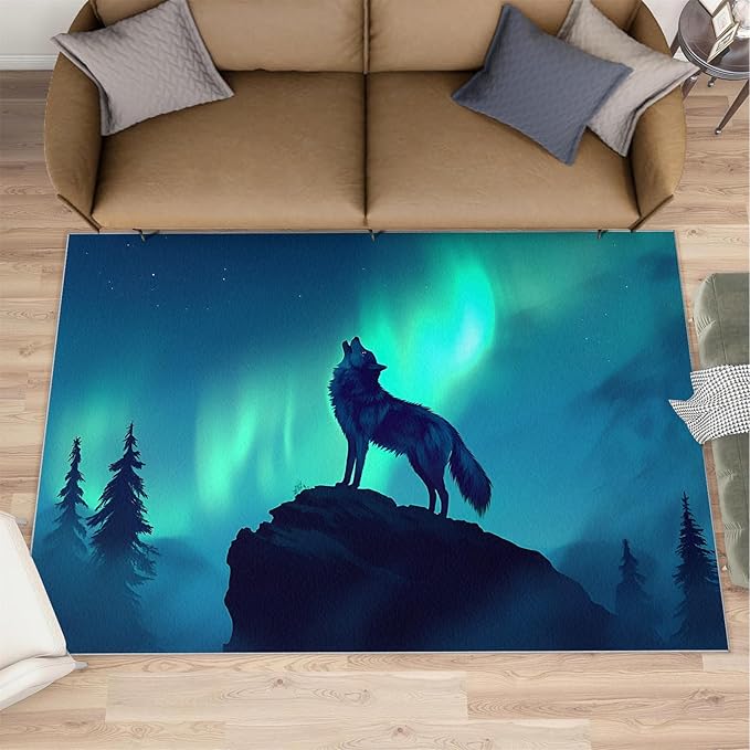 Wolf 5x6 Area Rugs for Living Room -Forest Washable Rug Aurora Non-Slip Carpet Indoor Floor Stain Resistant Thin Carpets for Bedroom Dining Room Home Office