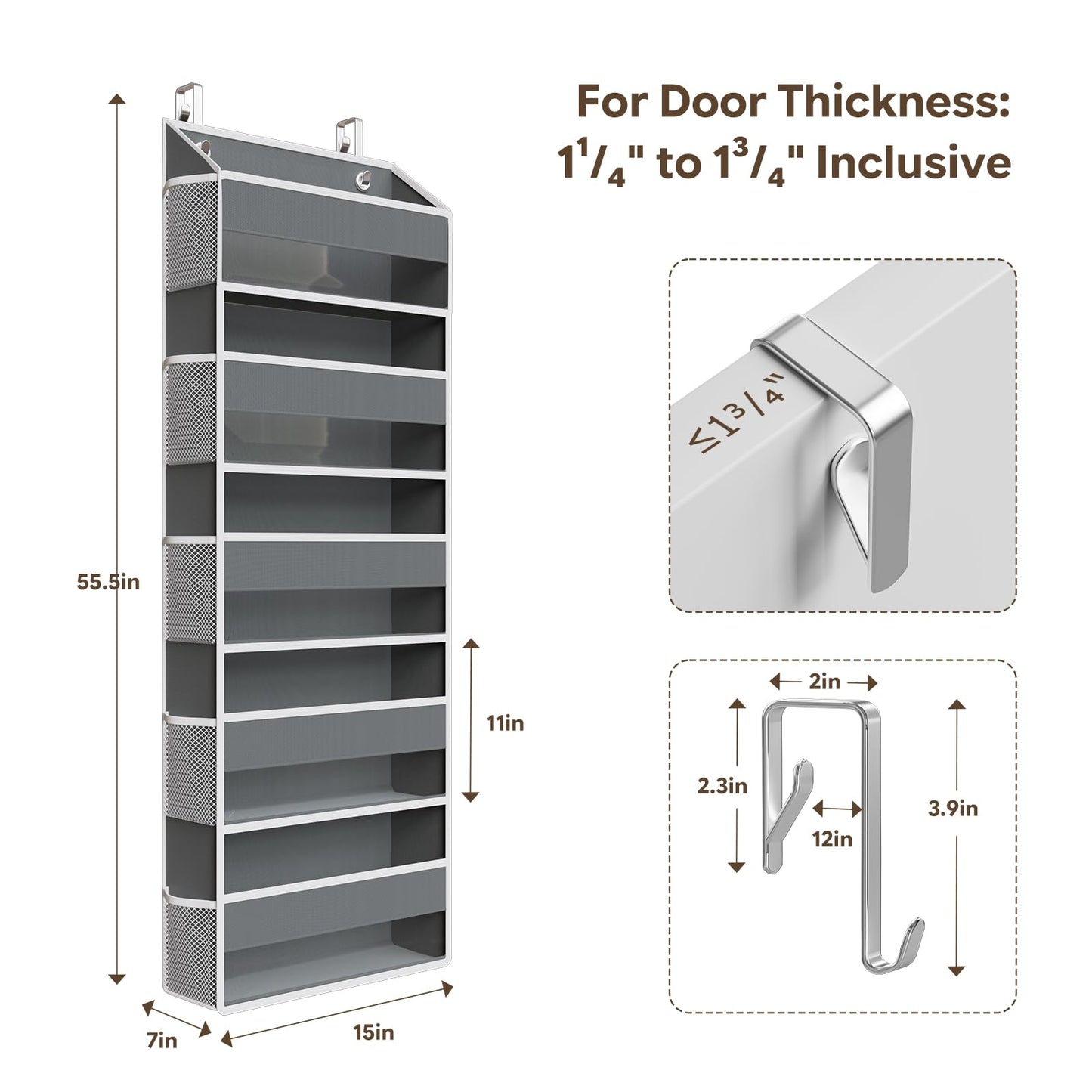 Simple Trending Over The Door Organizer with 10 Side Mesh Pockets, Hanging Storage Organizer with 5 Large Pockets, 50 lbs Weight Large Closet Organizer for Bedroom, Bathroom, Dark Grey
