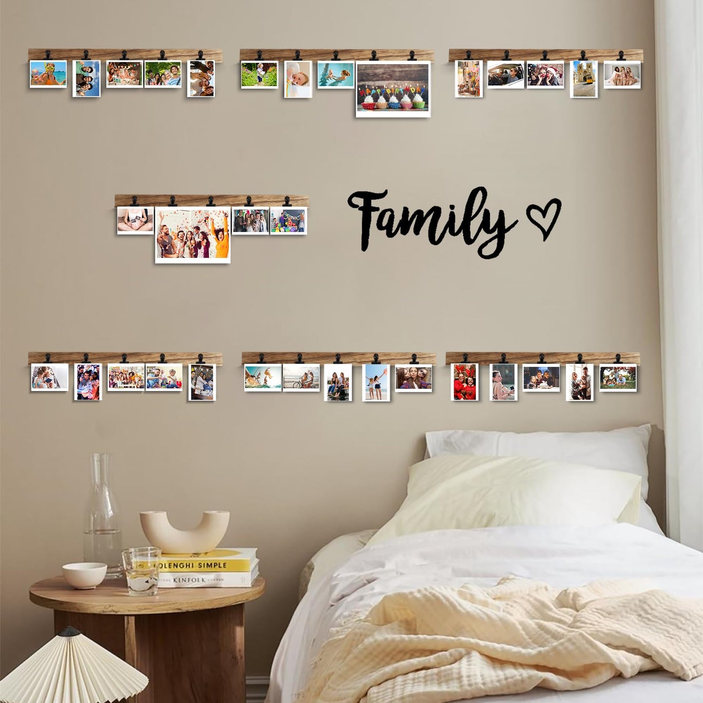 Aiyome 6 Wooden Wall Hanging Photo Frames With 27 Clips, Decorative Collage Picture Frame, No Drilling Required, Adhesive Stickers, Easy to Install, Carbonized Brown