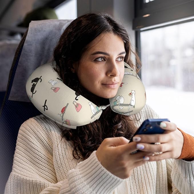 Memory Foam Airplane Pillow Cute Black and White Cat for Car Chin Head Neck Supporting, U Shape Pillows Travel Cushion for Office, Nap Sleeping
