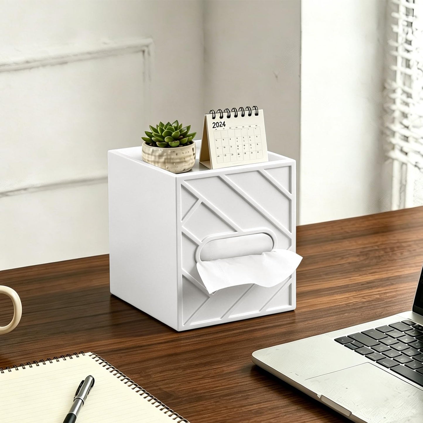 Militwo Aesthetic Tissue Box Cover with Top Tray, Modern Cube Wooden Facial Tissue Holder, Etched Geometric Design Napkin Dispenser for Bathroom, Nightstand, Vanity, Home Theatre
