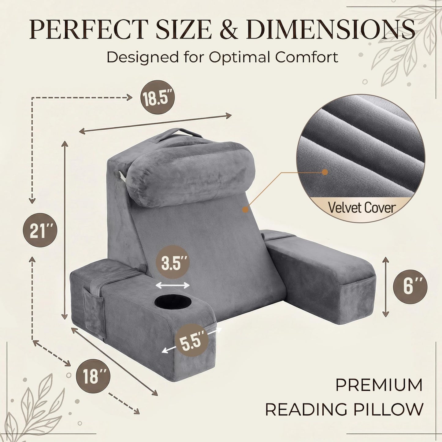 AS AWESLING 21 INCH Reading Pillow for Adults, Back Pillow for Bed Sitting Up, Backrest Pillow for Sitting in Bed, Detachable Arms with Built-in Cup & Phone Caddy (Gray, 21 INCH)